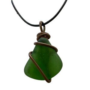 Green Sea Glass Pendant Necklace With Copper Wire Wrap On Black Cord Boho